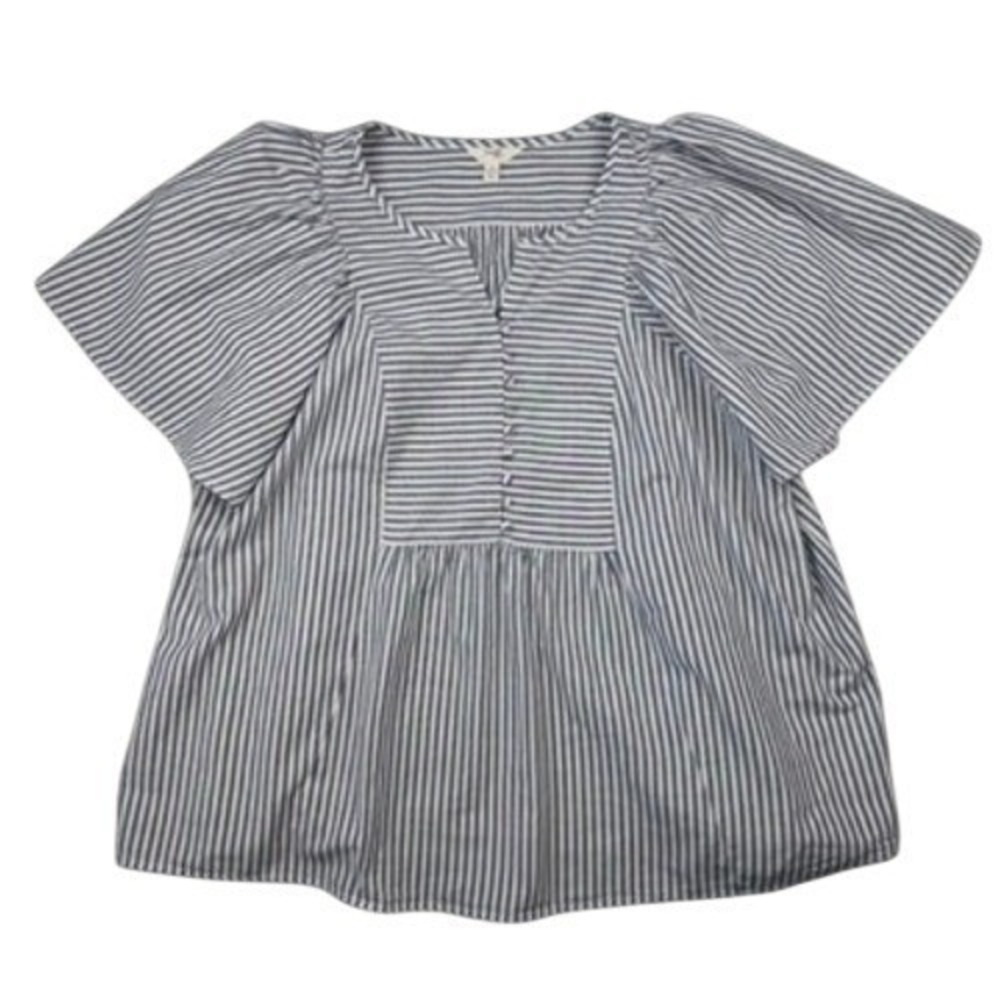 Terra & Sky Womexns Top 2X Blue White Striped Flutter Sleeve Nautical Coastal